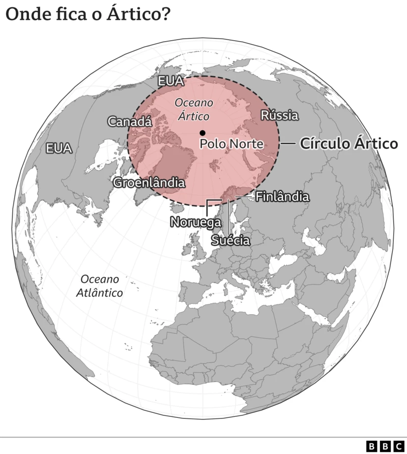 Mapa mostrando a localização do Ártico