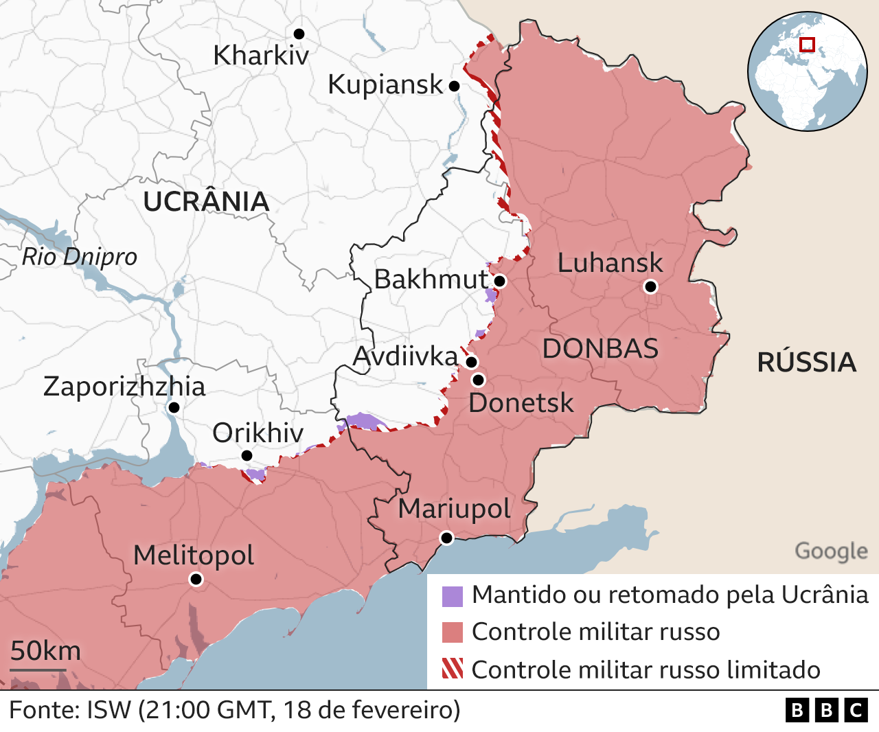 Mapa mostra a localização de Avdiivka no leste da Ucrânia