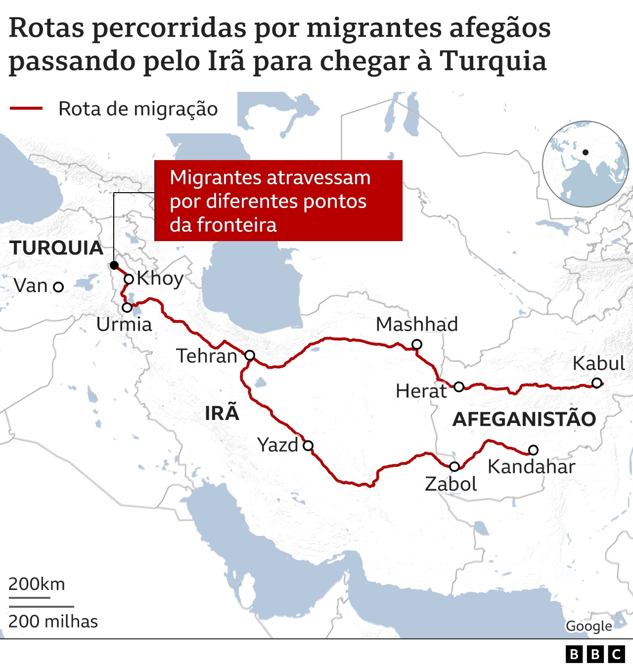 Mapa mostra as rotas feitas por migrantes afegãos