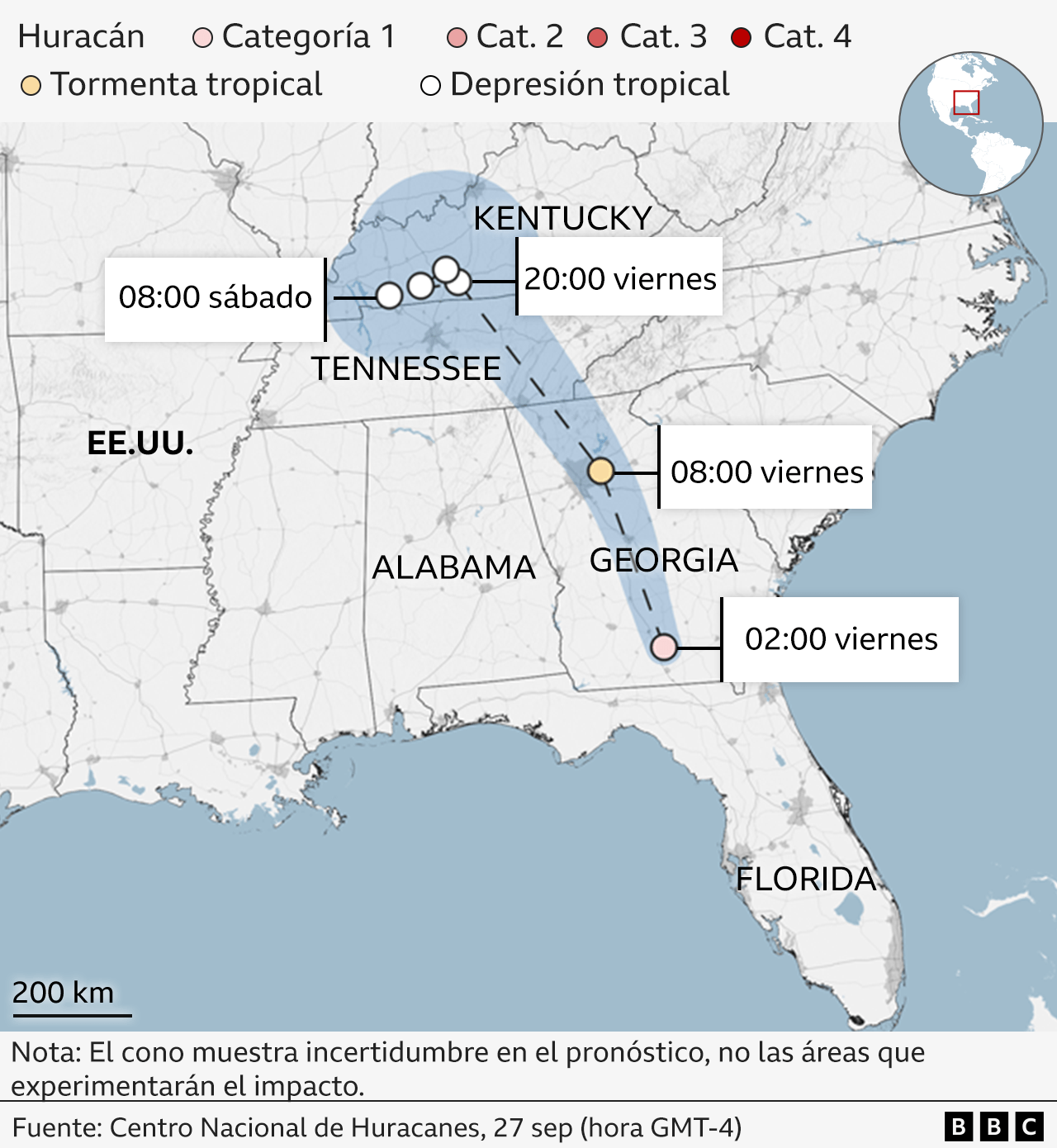 Mapa de la trayectoria del huracán Helene dentro de Estados Unidos.