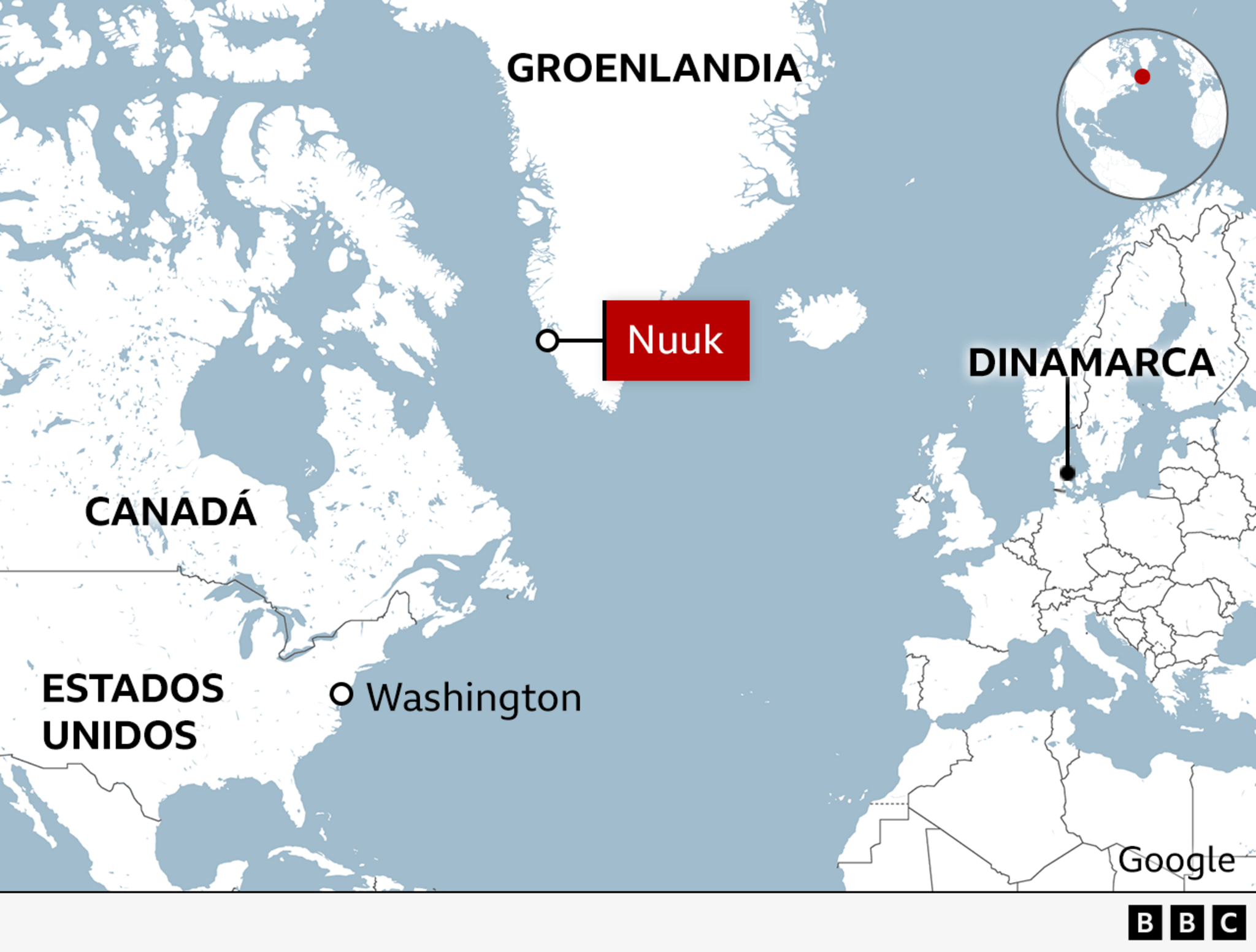 Un mapa del Atlántico norte con Groenlandia.