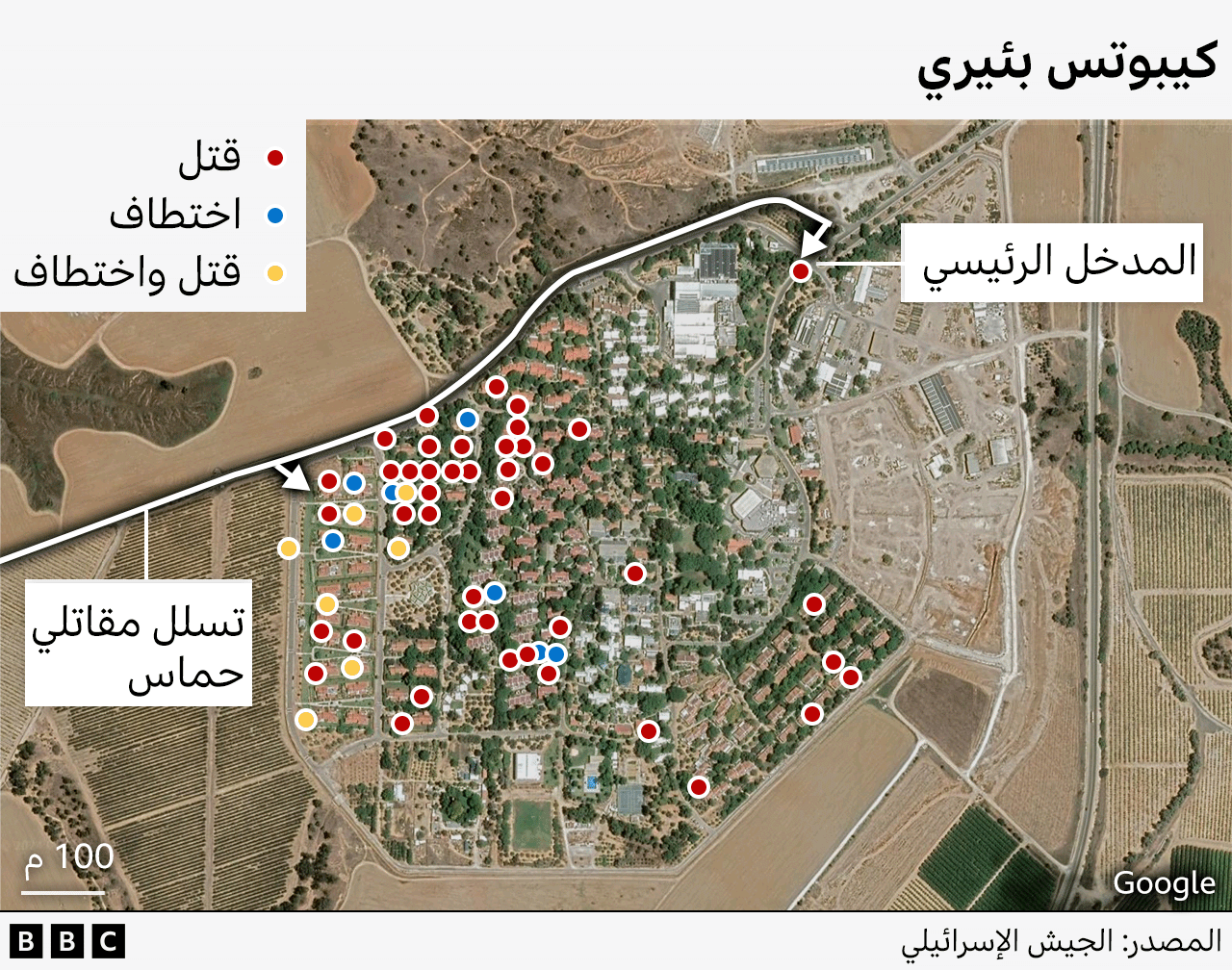خريطة كيبوتس بئيري تظهر نقاطًا ملونة مختلفة للمنازل التي شهدت عمليات قتل أو اختطاف أو كليهما. تشير معظم النقاط إلى عمليات قتل. 