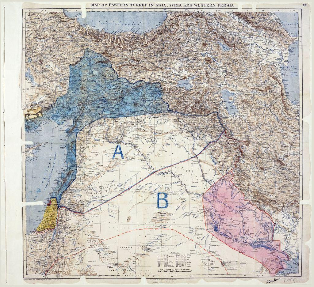 Mapa que muestra las áreas de control e influencia en Medio Oriente acordadas entre los británicos y los franceses.