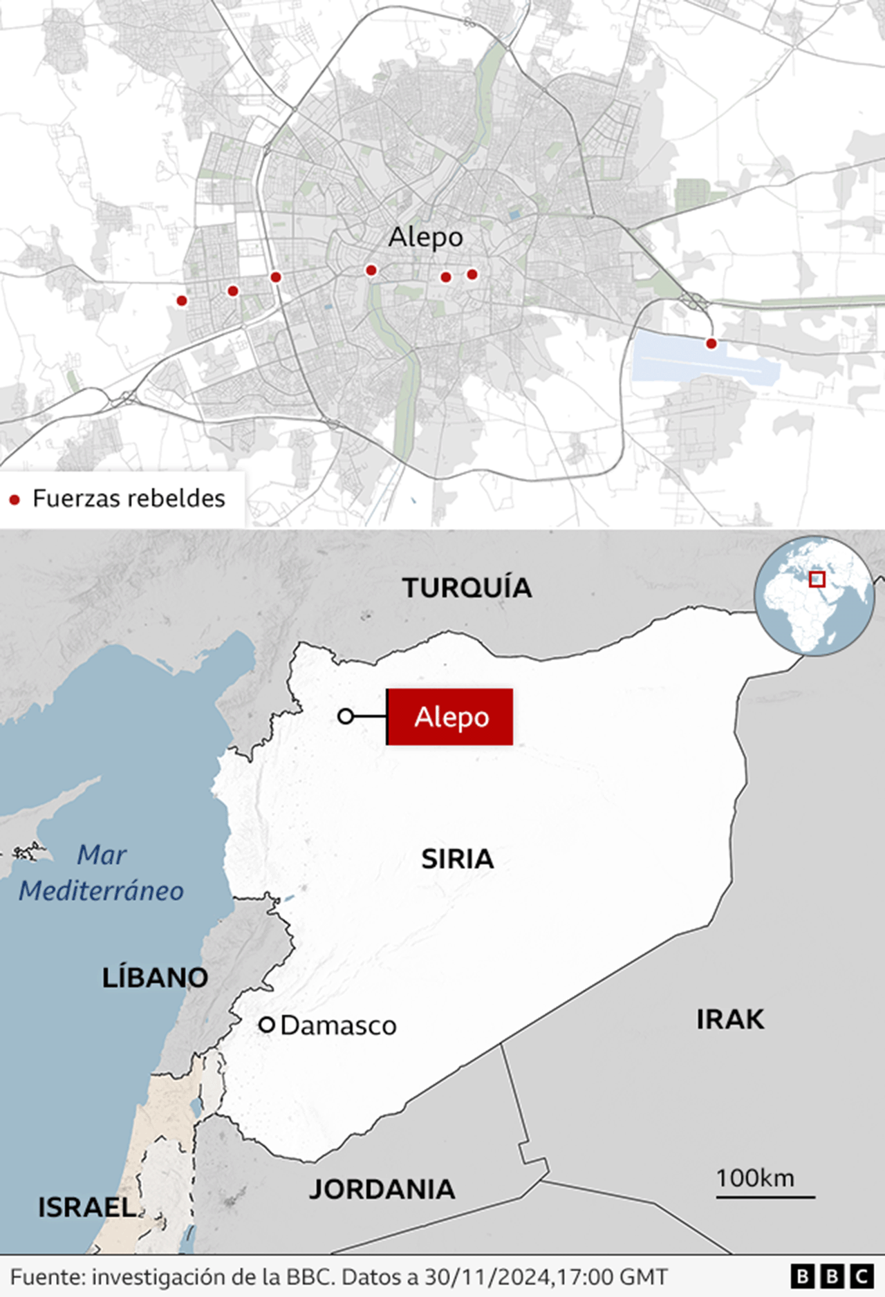 Posiciones de las fuerzas rebeldes en Alepo, Siria.