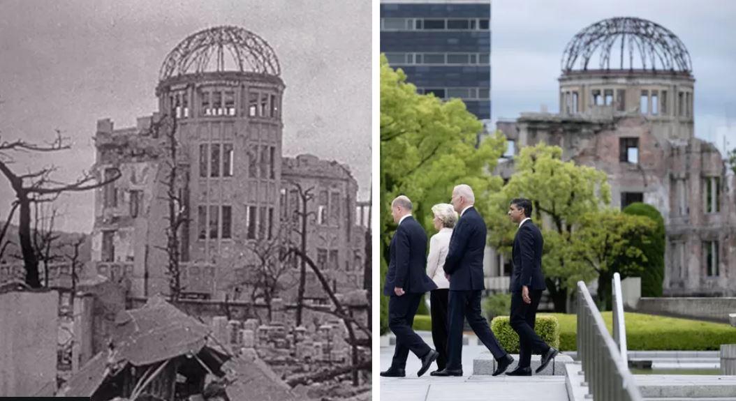 O domo de Hiroshima, única construção remanescente do bombardeio; à direita, visita de líderes do G7