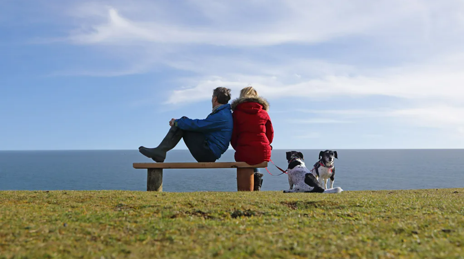 Casal em banco observando o mar, ao lado de dois cachorros