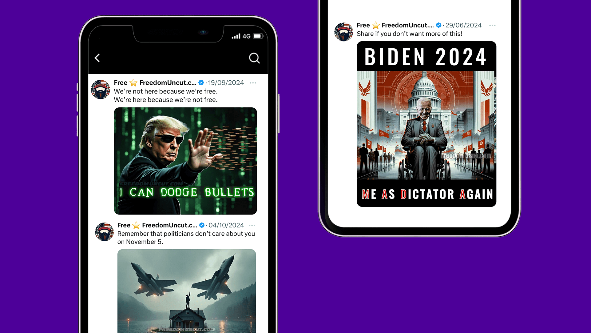 Dois celulares exibindo postagens do Freedom Uncut no X. Uma com Donald Trump como Neo do filme Matrix com o slogan 'Eu posso desviar de balas', na parte de baixo uma pessoa no telhado de uma casa inundada e caças sobrevoando. Na tela do outro, o presidente Biden em cadeira de rodas com o Capitólio dos EUA ao fundo com dizeres 