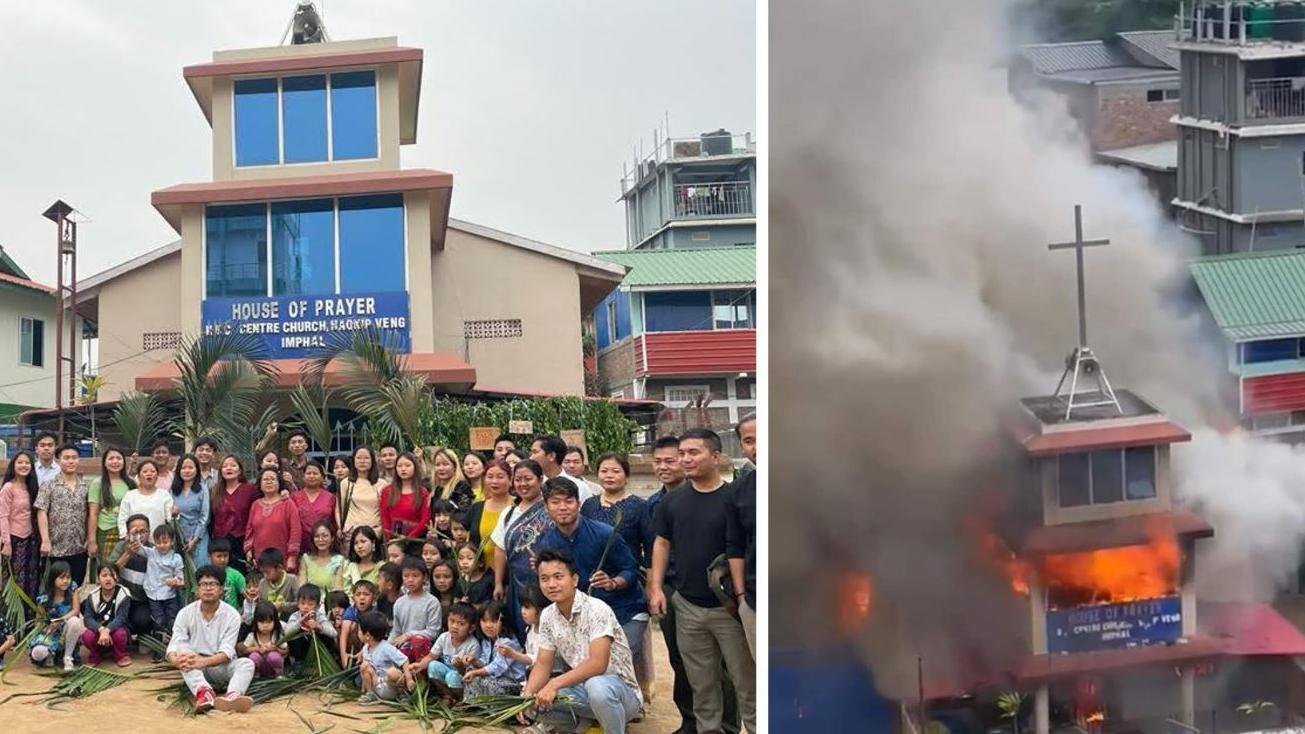 Duas fotos: Igreja cheia de pessoas na frente; igreja em chamas