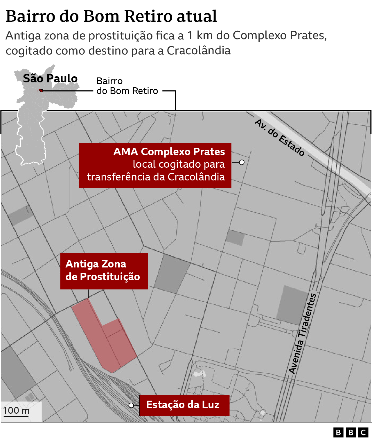Mapa mostra localização da antiga zona de prostituição no Bom Retiro e do local onde o Governo de São Paulo considerou levar a Cracolândia