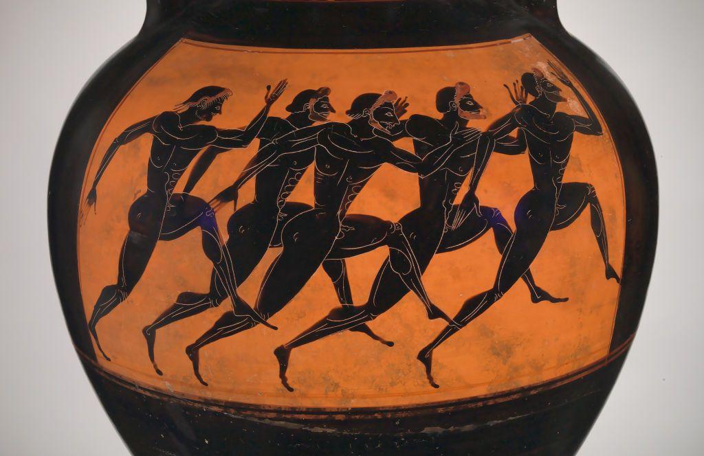 Una vasija con dibujos de una carrera, una de las competencias olímpicas.