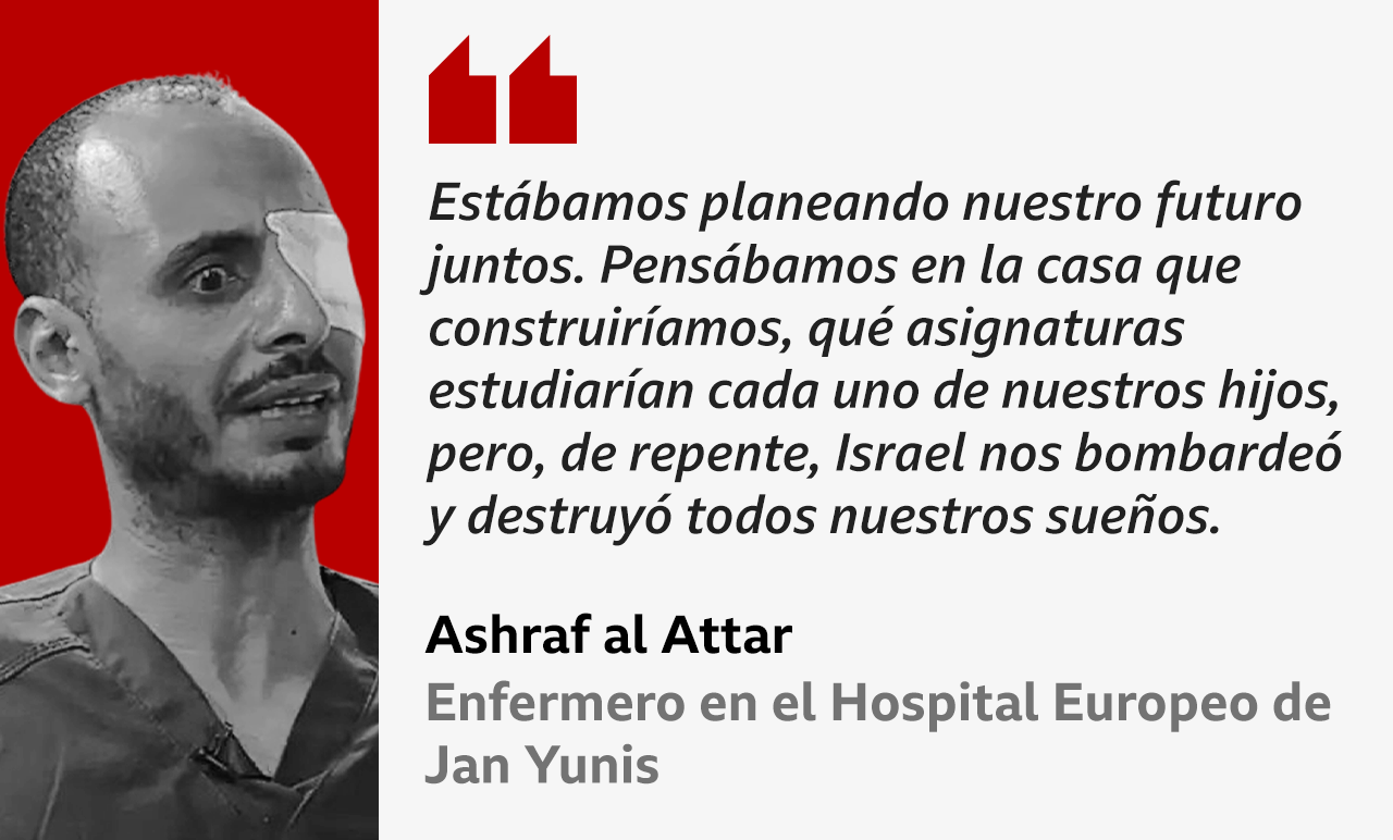 Imagen de Ashraf al Attar con la cita: "Estábamos planeando nuestro futuro juntos. Pensábamos en la casa que construiríamos, qué asignaturas estudiarían cada uno de nuestros hijos, pero, de repente, Israel nos bombardeó y destruyó todos nuestros sueños".