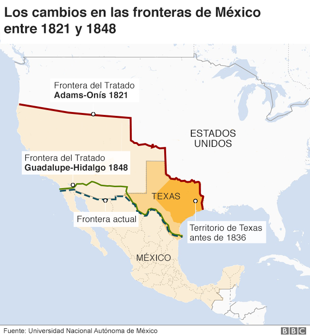 Mapa de los cambios en las fronteras de México y EE.UU.