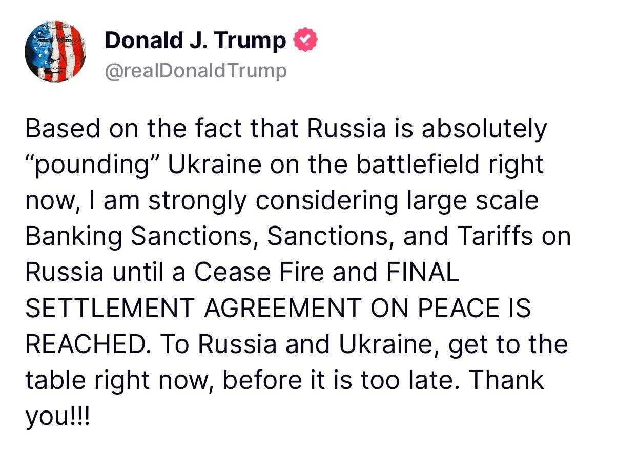 Captura de tela mostra postagem de Trump na rede X com ameaça de sanções à Rússia