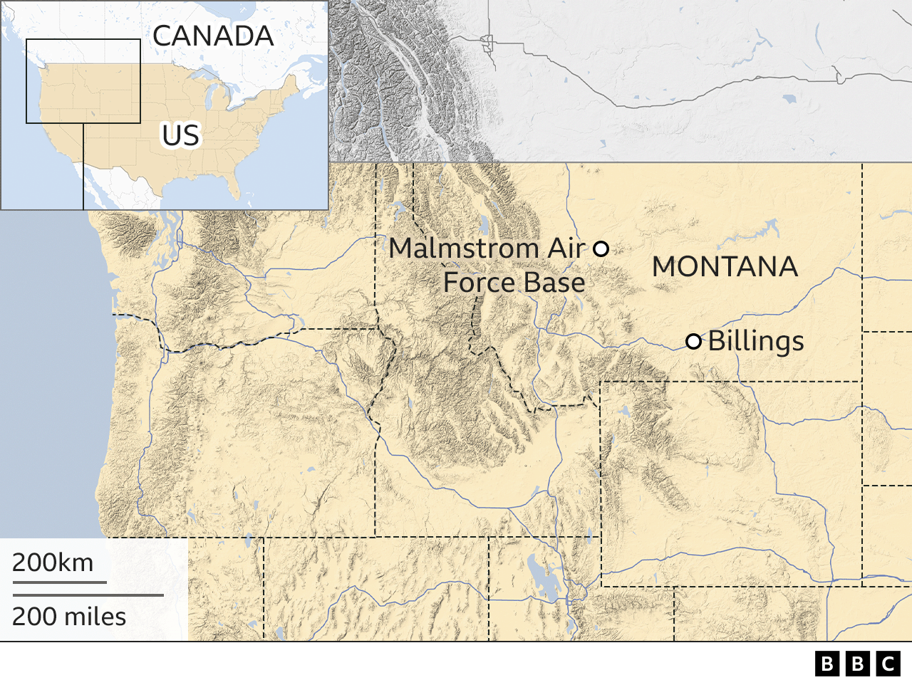 Map showing Montana, Billings and Malmstrom Air Force base