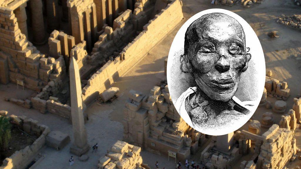 Composición con una imagen del obelisco de Tutmosis II en Karnak, Egipto, y una ilustración del rostro de la momia de Tutmosis II.