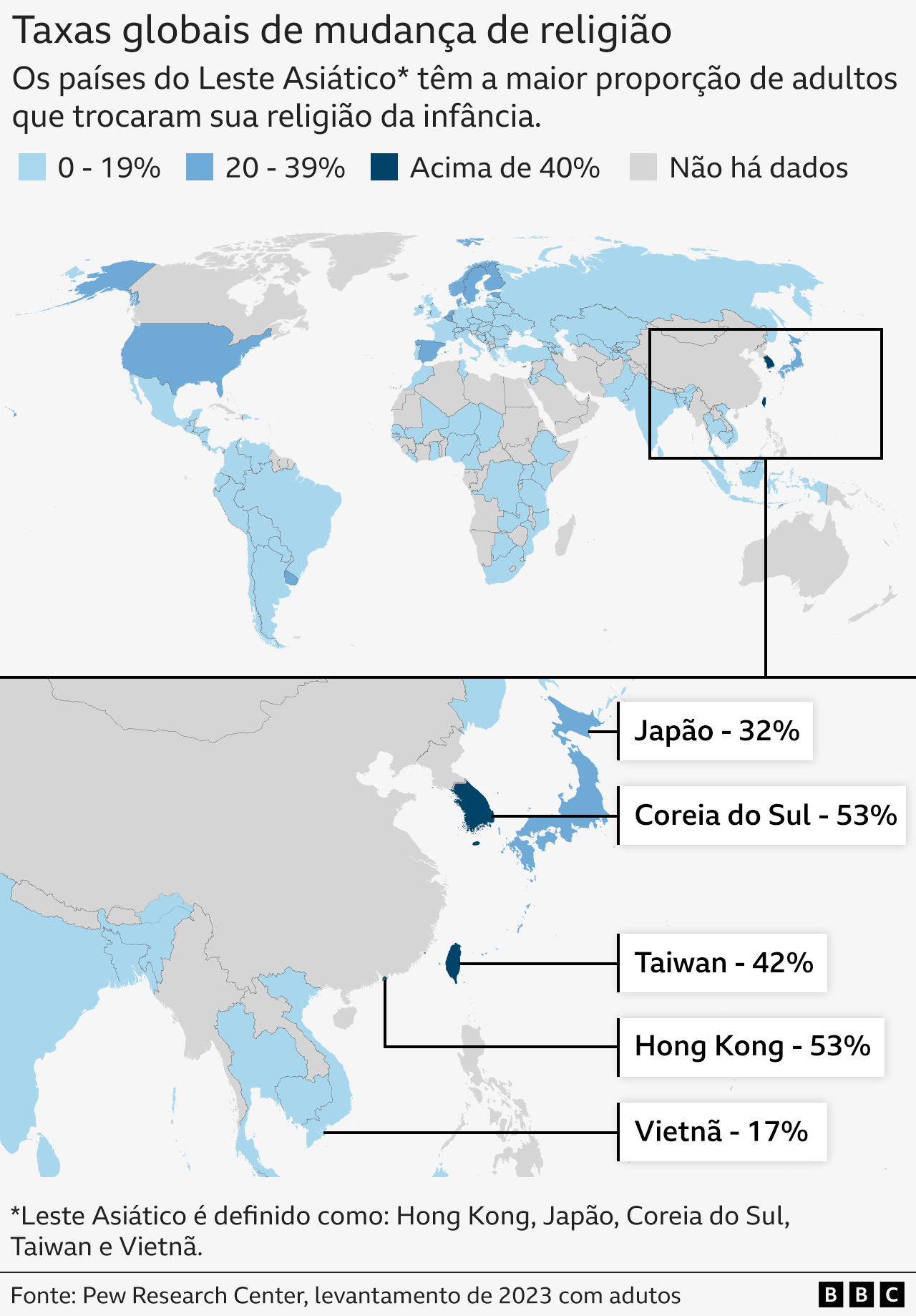 Mapa mostra porcentagem de mudança de religião por país