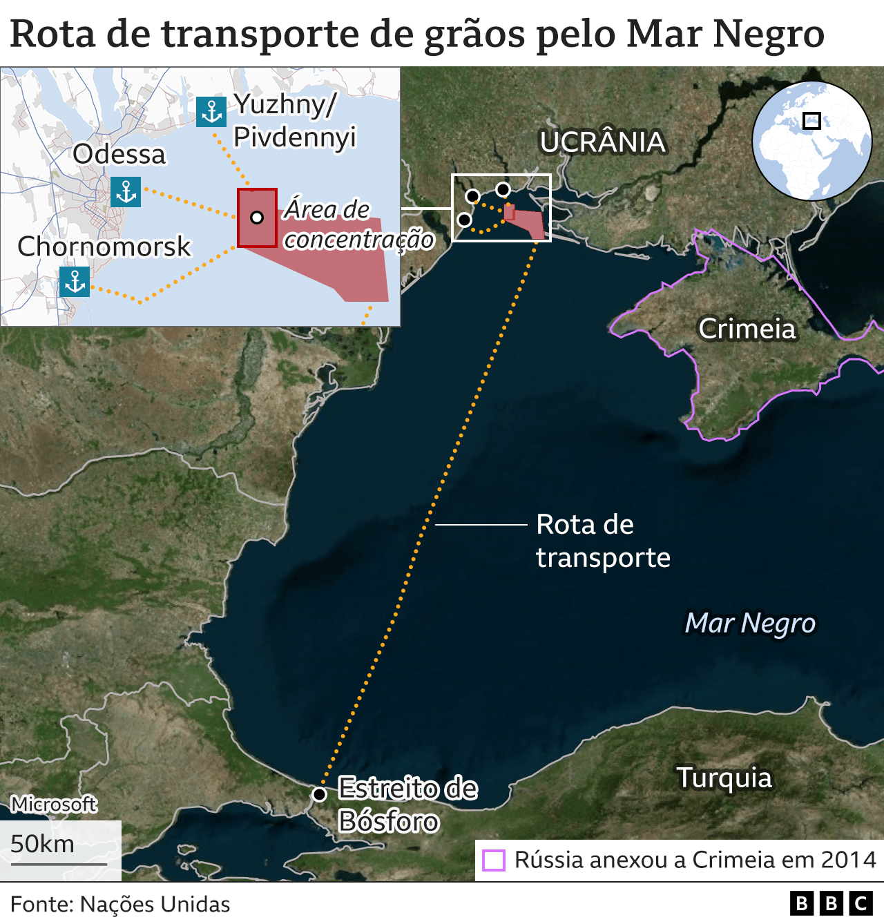 Mapa da rota de transporte de grãos segundo acordo entre Ucrânia e Rússia