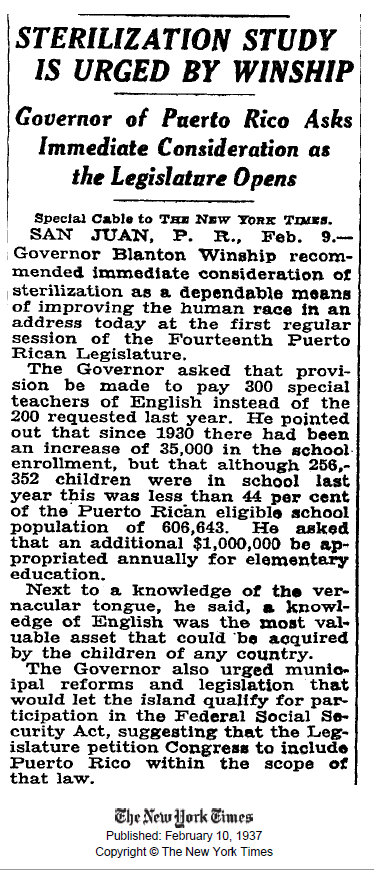 Recorte de The New York Times que habla del gobernador Blanton C. Winship. 