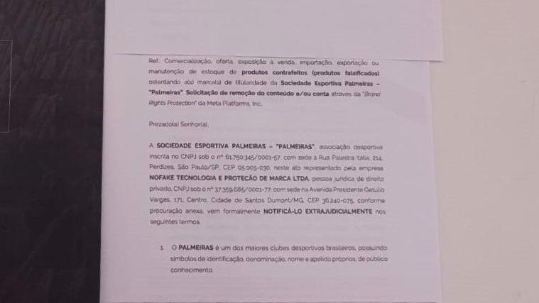 Trecho da notificação feita pelo Palmeiras e recebida por Natália