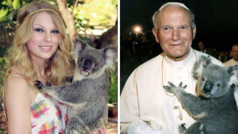 Penyanyi pop Taylor Swift dan Paus Yohanes Paulus II menggendong koala di Taman Margasatwa Lone Pine, Australia.