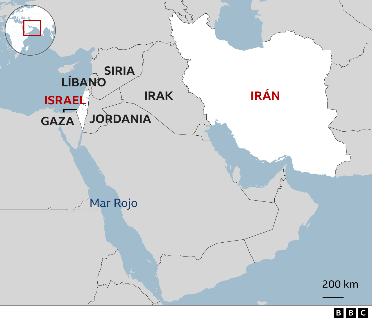 Mapa de Medio Oriente donde se pueden ver a Israel e Irán 