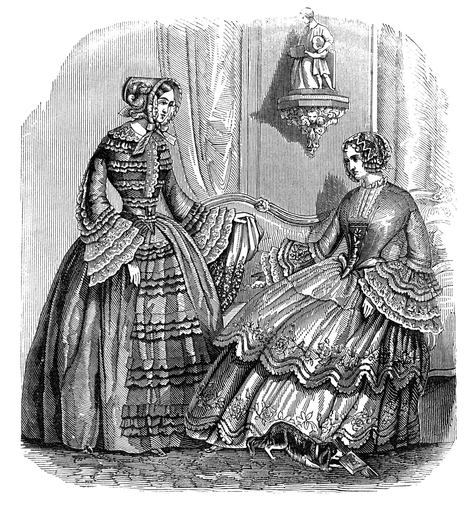 Ilustración de la vestimenta de la mujer en tiempos victorianos.