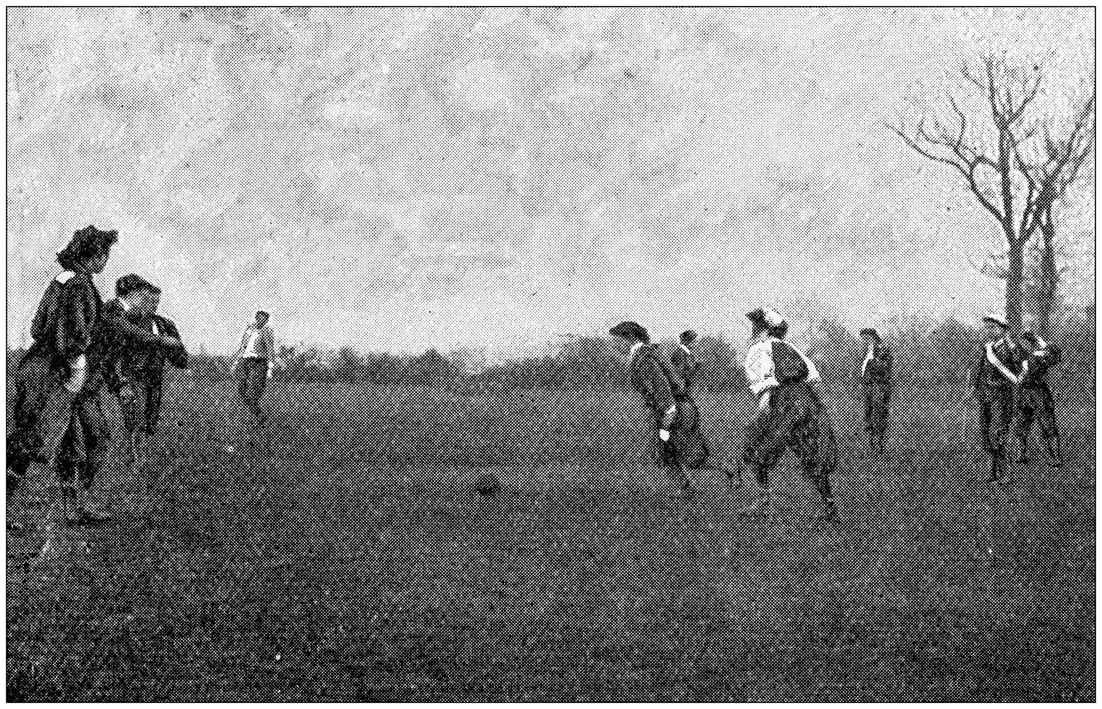 Ilustración de mujeres victorianas jugando fútbol en campo abierto.