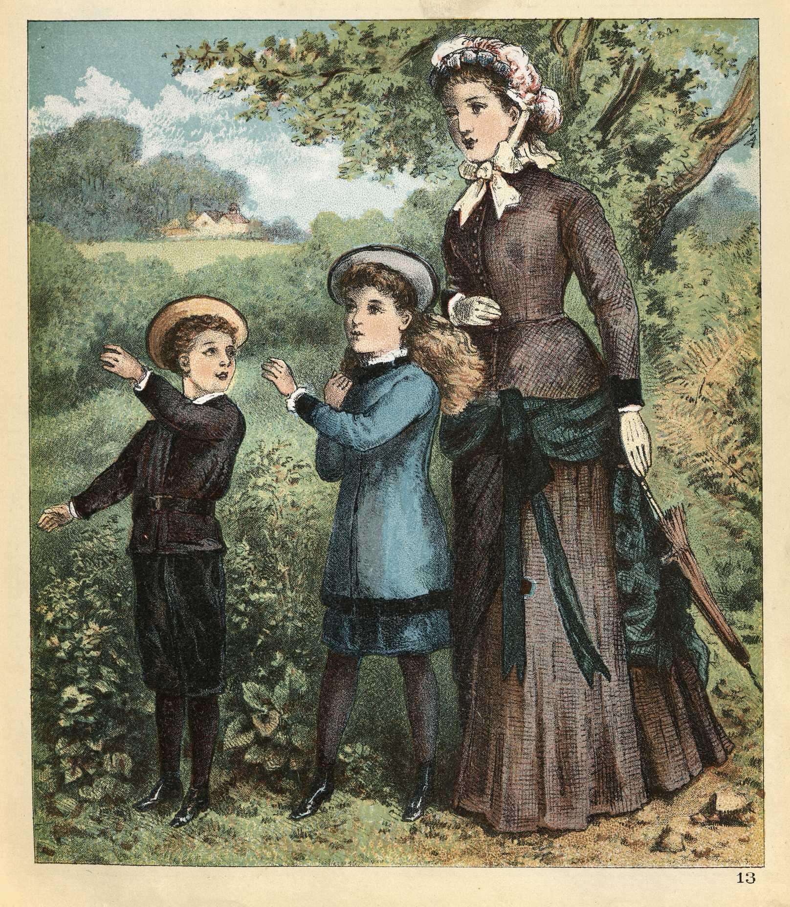 Ilustración de una mujer con sus dos hijos paseando por el campo