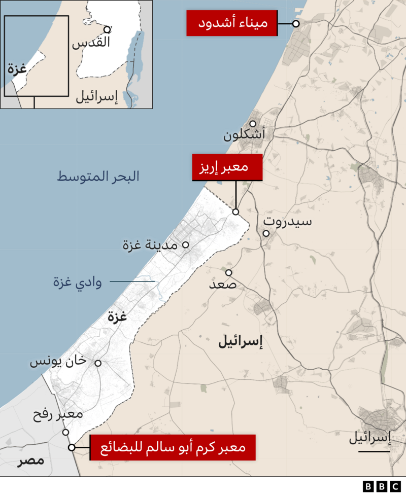 خريطة تبين ميناء أشدود ومعبر إريز ومعبر كرم أبو سالم