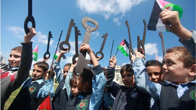 Meninos carregam chaves grandes e bandeiras palestinas