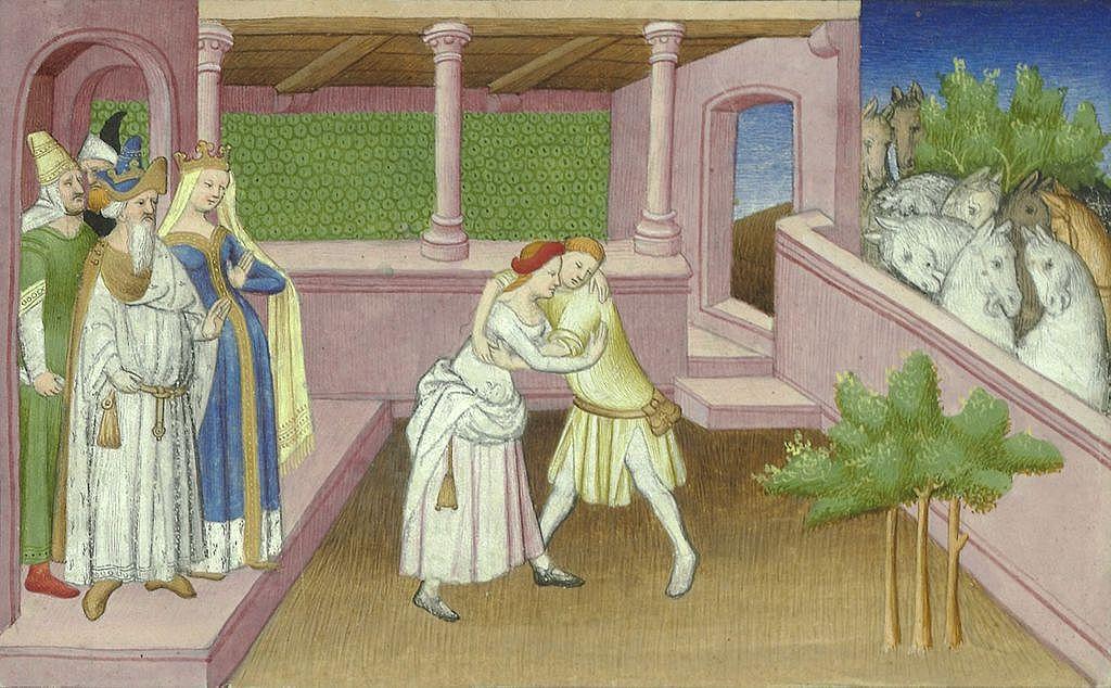 Khutulun luchando mientras el rey Kaidu, su esposa y cortesanos la observan, en una ilustración de una edición del siglo XV de "El libro de las maravillas" de Marco Polo.