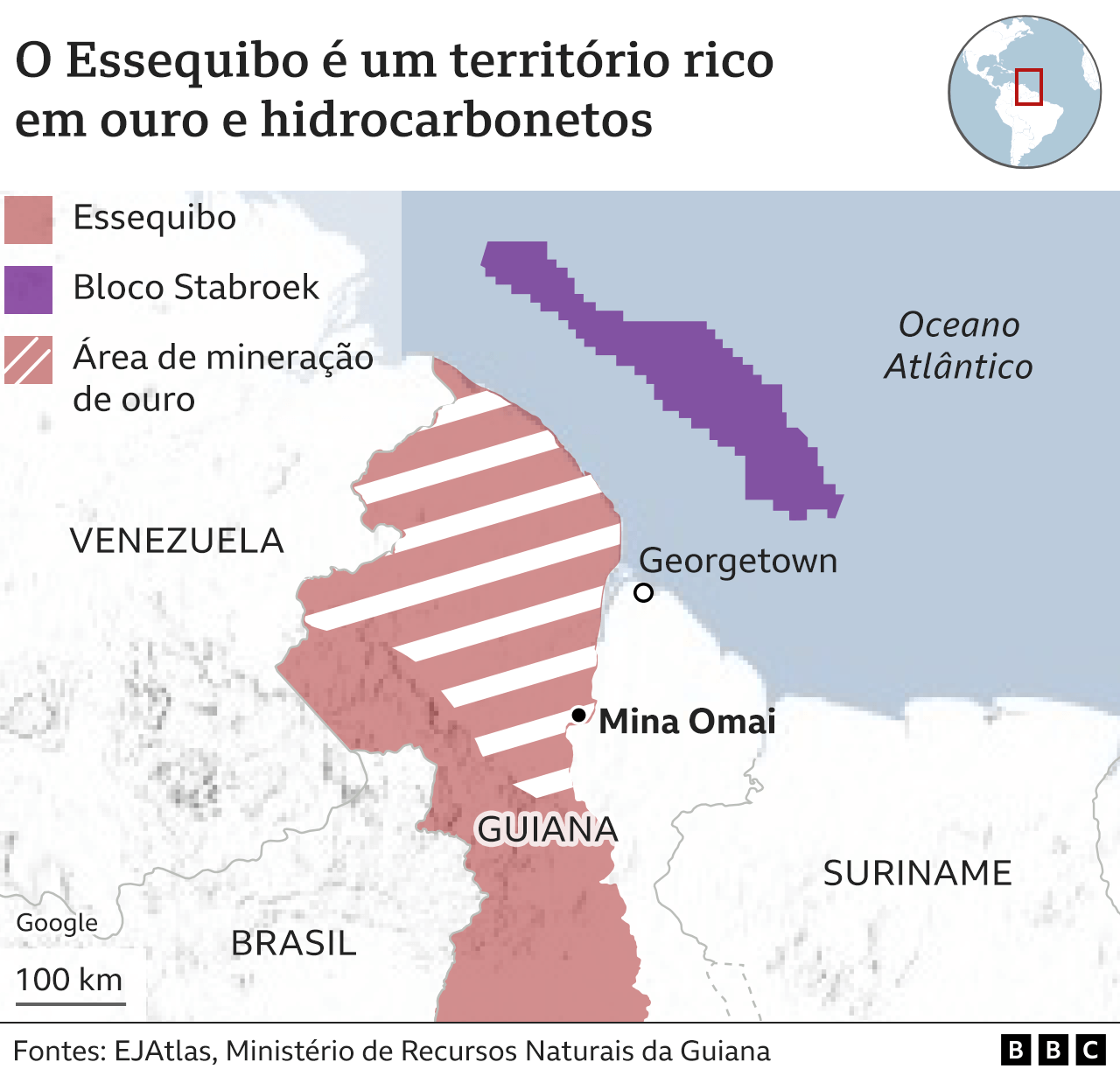 Mapa mostrando o Essequibo, países fronteiriços, o Bloco Stabroek e a área de mineração de ouro