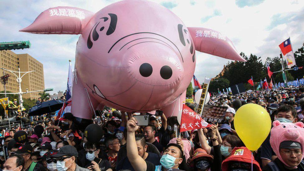 Globo de un cerdo en unas protestas en Taiwán.