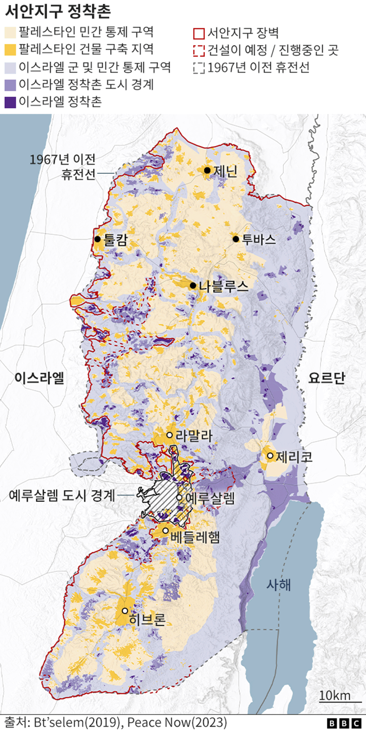 이스라엘과 팔레스타인 자치정부가 통제하는 지역을 표시한 서안 지구 지도