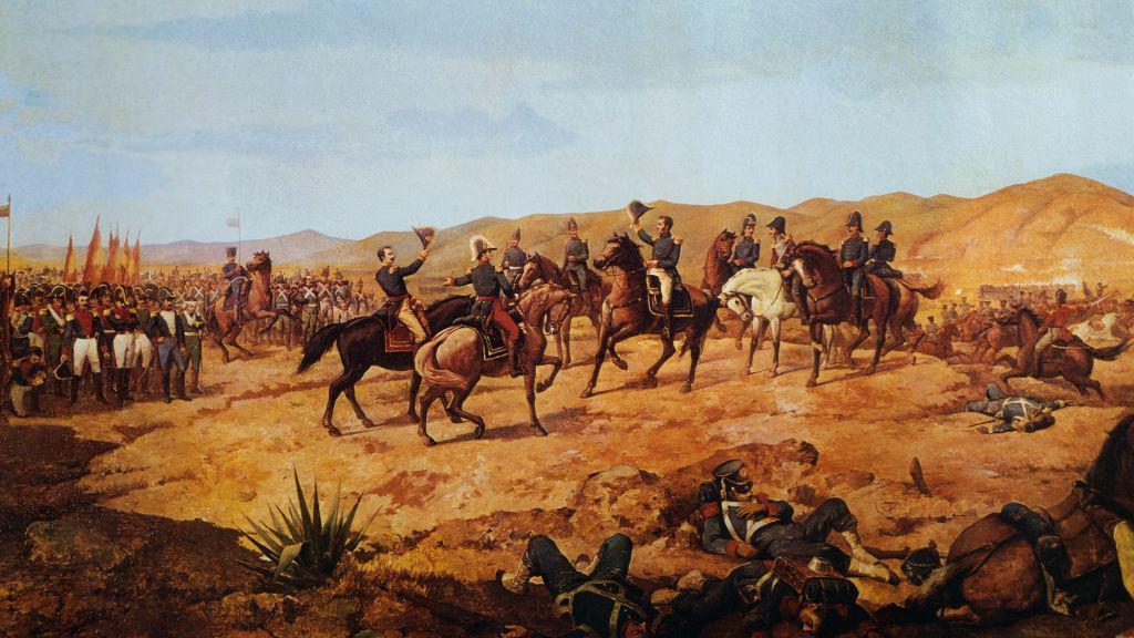 Antonio José de Sucre saludando a sus generales tras la Batalla de Ayacucho, 9 de diciembre de 1824, en Perú, pintura de Martín Tovar y Tovar. 
