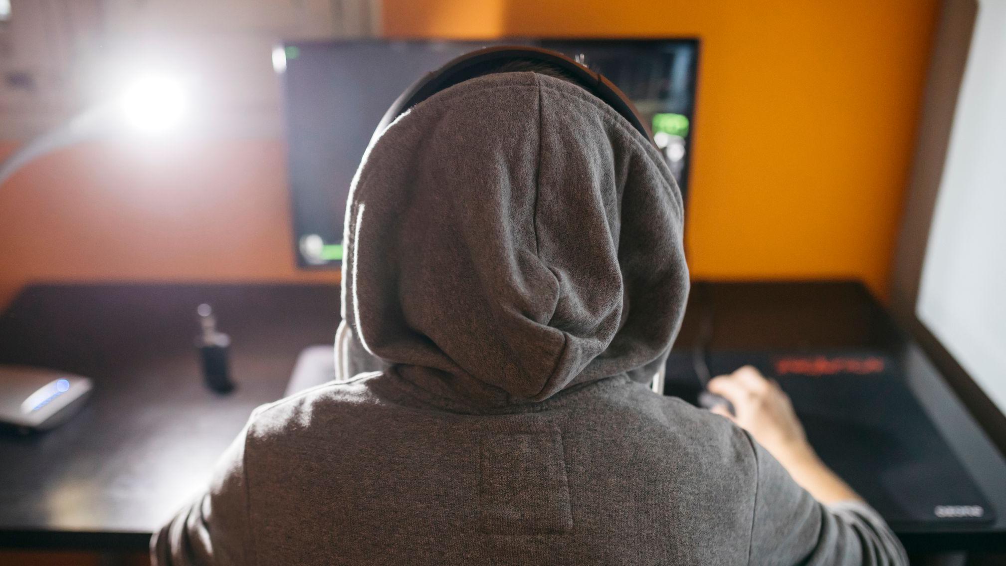 pessoa jovem, de capuz, vista de costas, mexendo em um computador