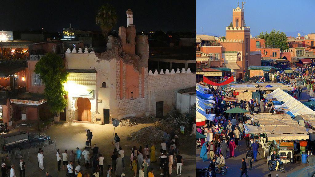 El alminar de la mezquita Kharbouch antes (der) y después (izq) del terremoto.