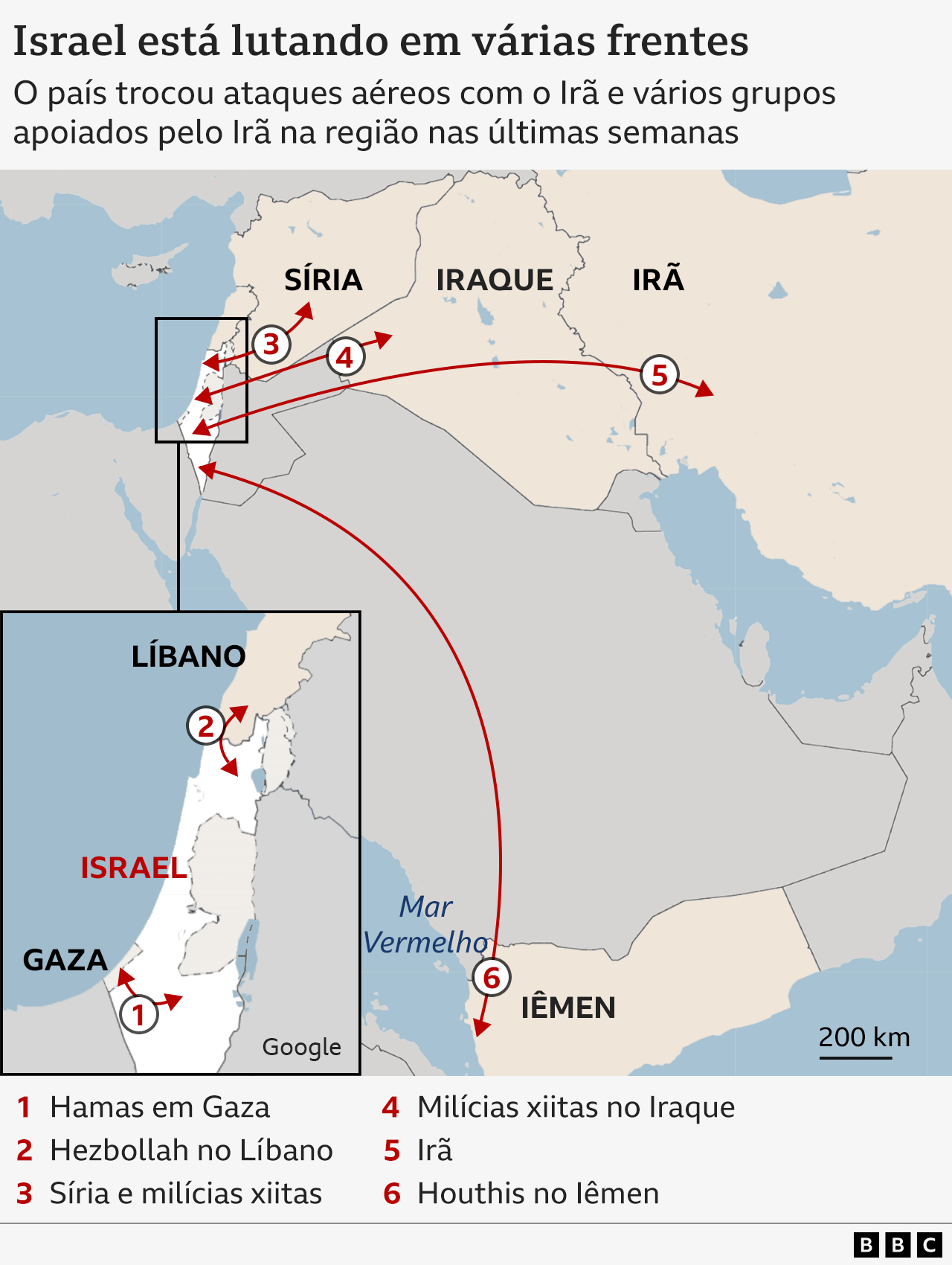 Mapa mostrando várias frentes de confrontos envolvendo Israel no Oriente Médio.