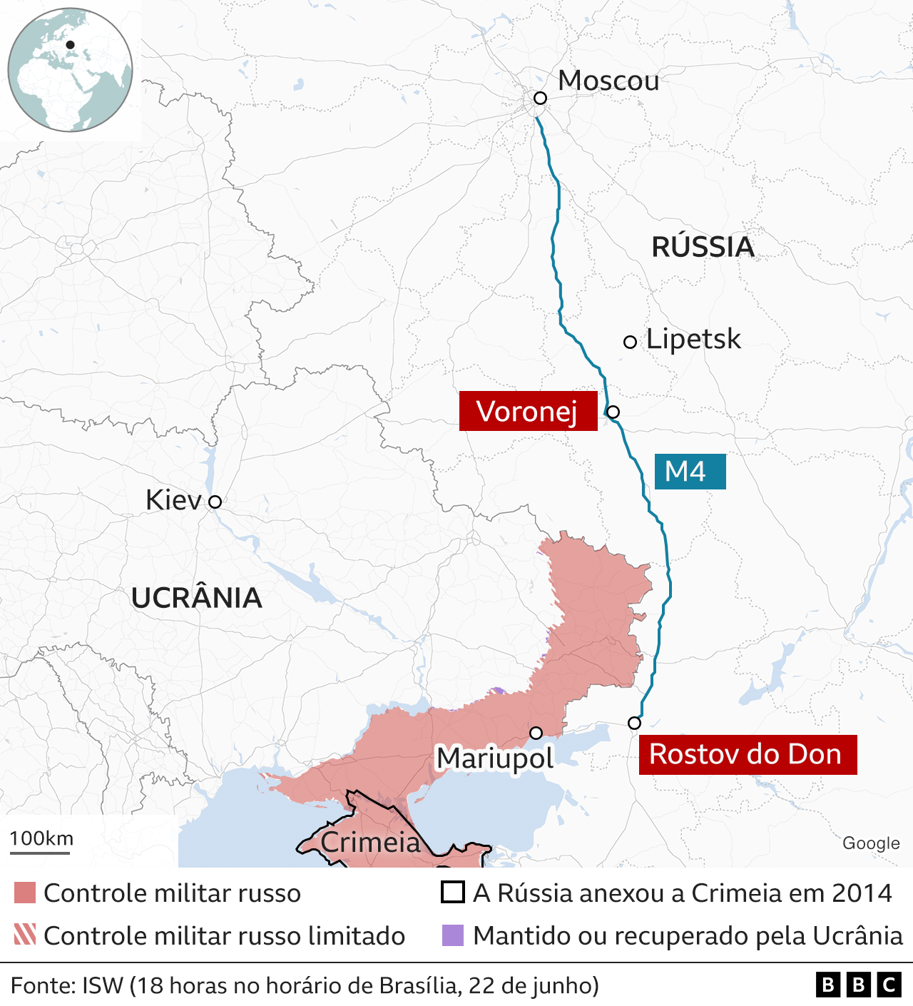 Gráfico que mostra trecho percorrido por grupo de mercenários na Rússia