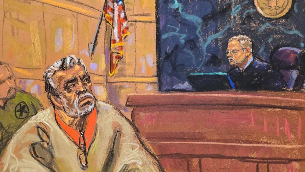 Ilustración de Ismael Zambada en un tribunal federal de Nueva York