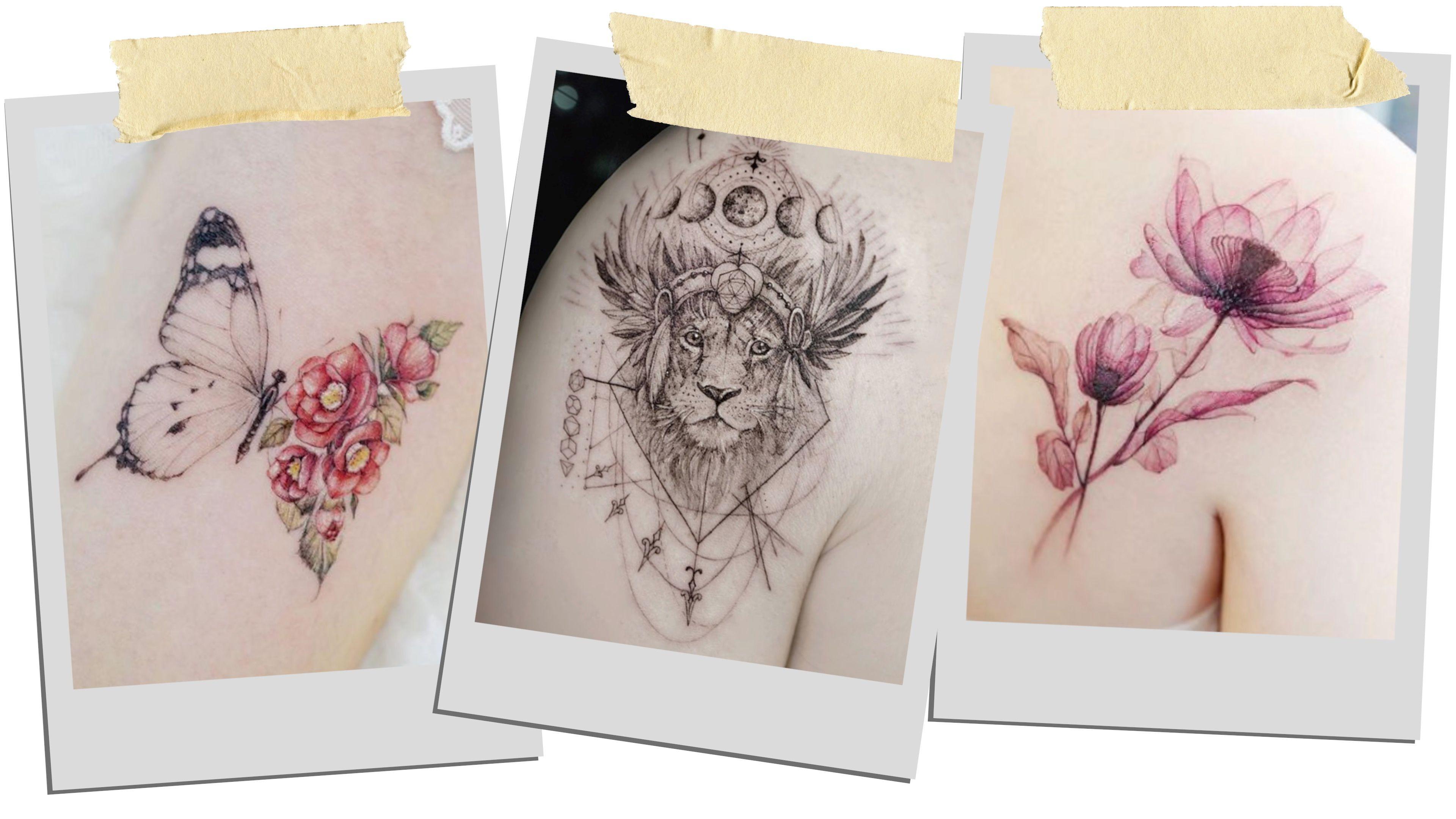 Uma colagem de três fotos do estilo Polaroid com tatuagens desenhadas pintadas pelo tatuador sul -coreano Banul. O primeiro é uma borboleta, a segunda um leão vestindo um enfeite de cabeça e o terceiro uma flor roxa