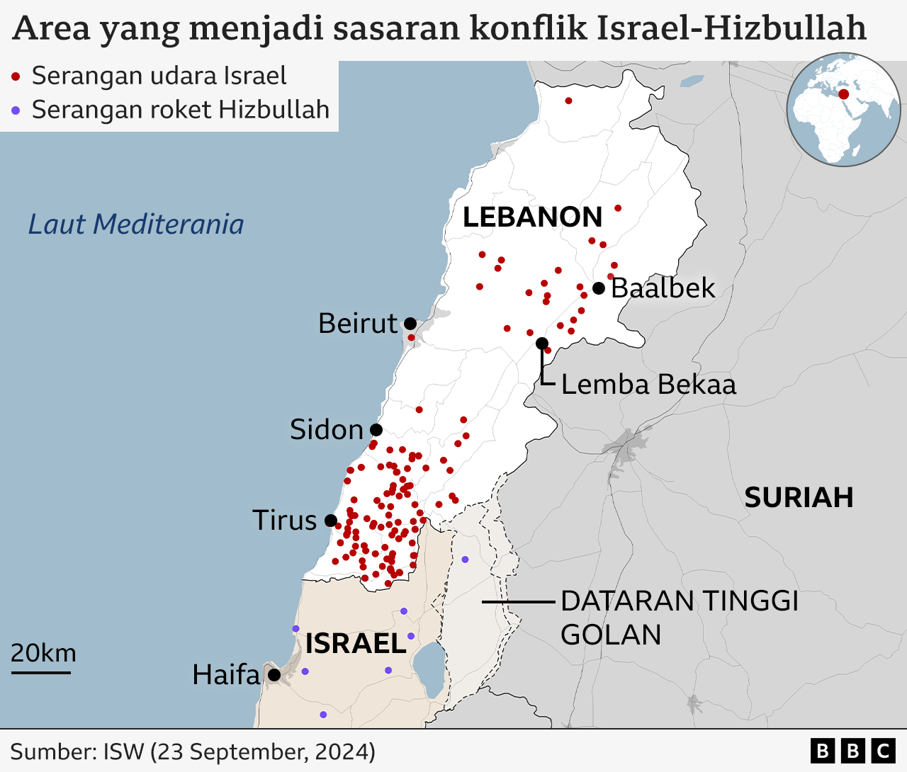 Peta lokasi serangan Israel di Lebanon