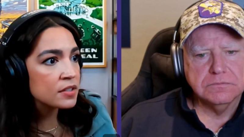 La congresista demócrata Alexandria Ocasio-Cortez y el candidato a vicepresidente Tim Walz en una transmisión de Twitch. 