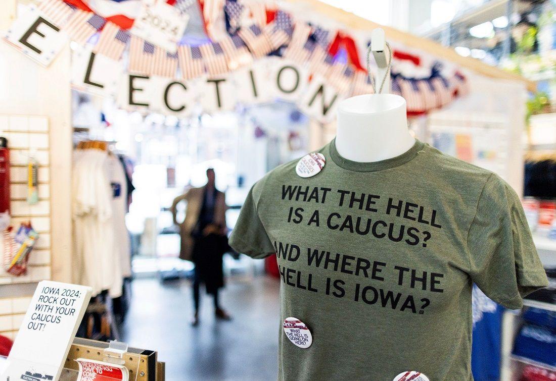 Camisa em loja com estampa: O que diabos são os caucus? E onde diabos fica Iowa?