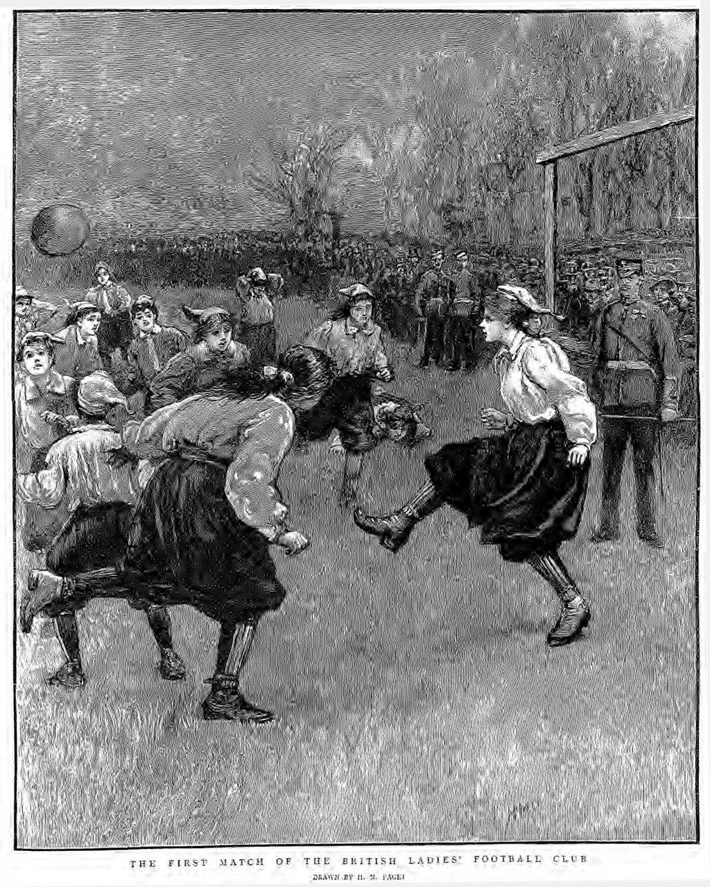 Ilustración del primer partido de fútbol femenino en Londres.