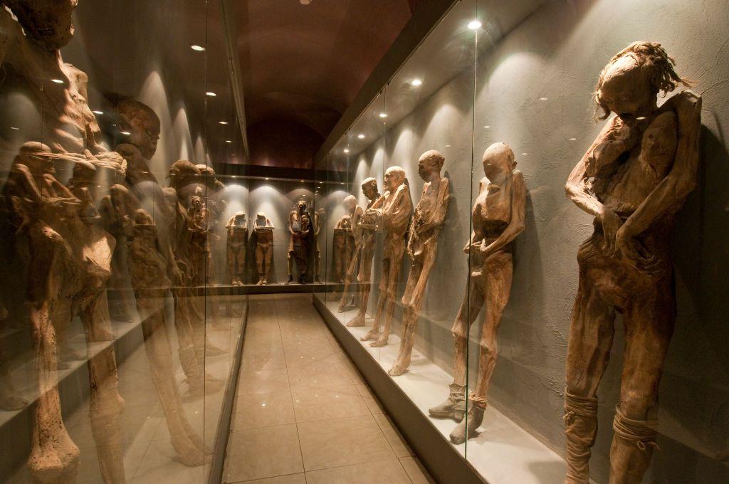 cuerpos de pie en vitrinas en el Museo de las Momias de Guanajuato