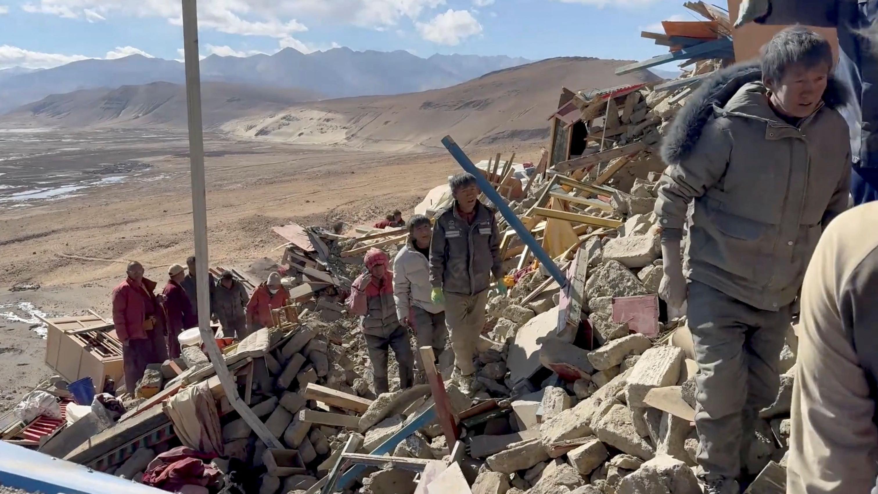 Rescue teams work amidst rubble in the aftermath of an earthquake in a location given as Shigatse City, Tibet Autonomous Region, China, in this screengrab obtained from a handout video released on January 7, 2025.