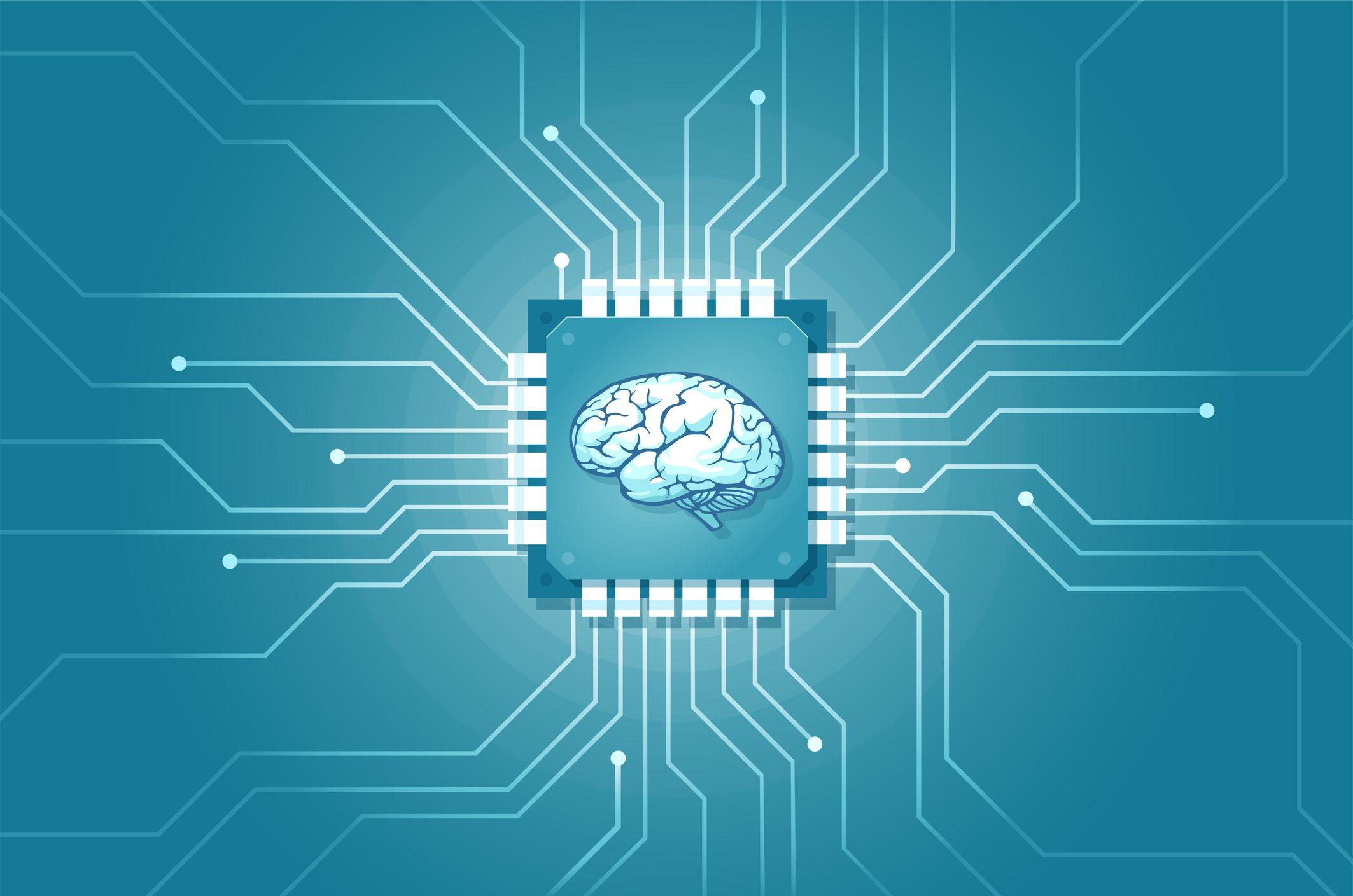 Ilustração de um circuito de computador implantado no cérebro humano