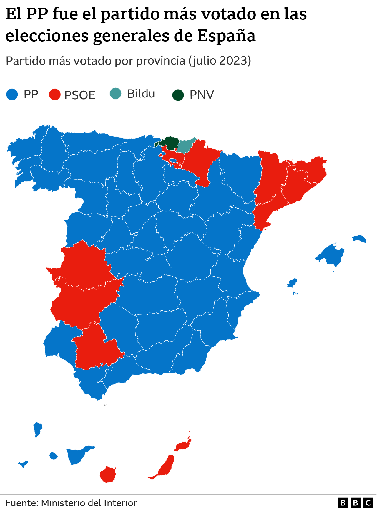 Mapa que muestra el partido con más votos por provincia en las elecciones generales de 2023