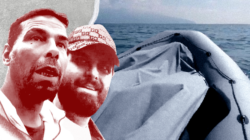 صورة مركبة لرجلين كما صورها مراسلنا السري - الأول على اليسار له شعر داكن ولحية، الآخر له لحية أيضا ويرتدي قبعة بيسبول. وفي الخلفية، يظهر قارب مطاطي يستخدمه المهربون في البحر